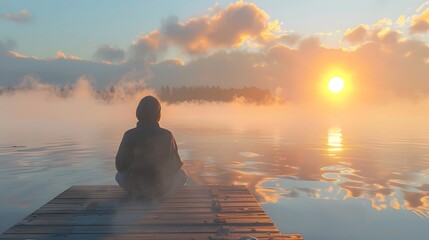 Peaceful Sunrise Meditation on Serene Lake Dock with Soft Misty Fog