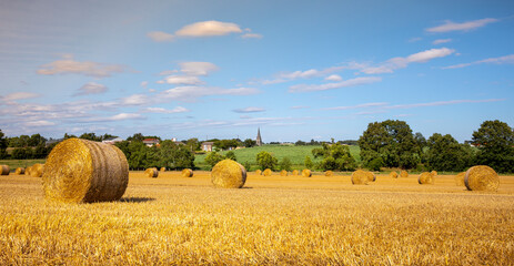 Paysage de champ de blé et meules de foin en pleine nature en été après les moissons. © Thierry RYO