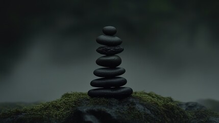 Balanced Stack of Smooth Stones Surrounded by Soft Moss and Mist