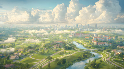 Obraz premium Aerial view of city, river, parks, morning mist