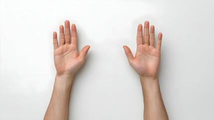 Two hands raised, white background, overhead view, for website design