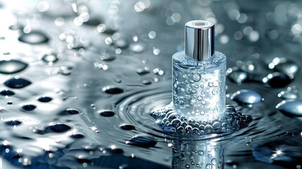 Rejuvenating Skincare Bottle Resting on Reflective Water Surface with Dewdrops