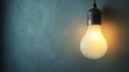 A glowing light bulb hanging against a textured gray wall.