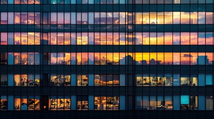 Modern office building or business center. High-rise window buildings made of glass reflect the clouds and the sunset. empty street outside  wall modernity civilization. growing up business