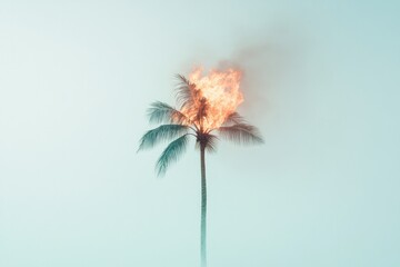Obraz premium portrait of single burning palm tree isolated against stormy blue-gray sky symbolizing environmental devastation