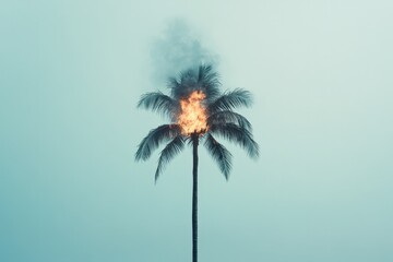 Fototapeta premium portrait of single burning palm tree isolated against stormy blue-gray sky symbolizing environmental devastation