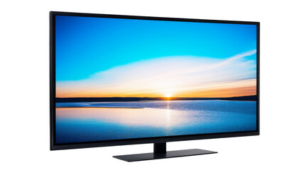 Fototapeta premium 4k tv showing relaxing sunset over calm water on transparent background