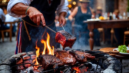 Fototapeta premium Gaucho preparing traditional barbecue over open fire