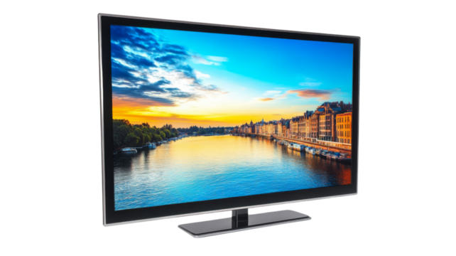 Modern tv showing cityscape at sunset with transparent background