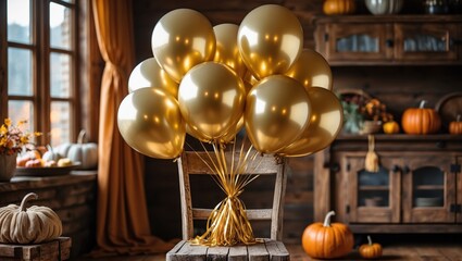 A collection of golden balloons tied together and placed on a rustic wooden chair in a cozy autumn-themed room with pumpkins and warm lighting
