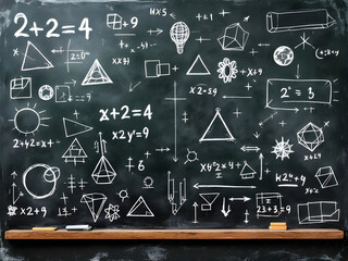 Comprehensive Educational Chalkboard Illustrating Diverse Mathematical Concepts, Scientific Diagrams, and Academic Symbols