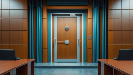 Fototapeta premium Modern conference room with wooden door and teal curtains, featuring a dark table and chairs