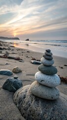 Fototapeta premium Serene Sunset Beach Stones Balanced Rock Stacking Art Photography