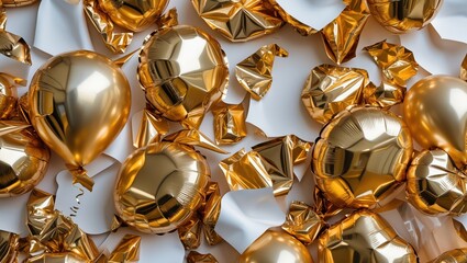 Gold balloons and shiny confetti scattered on a white surface, creating a festive atmosphere