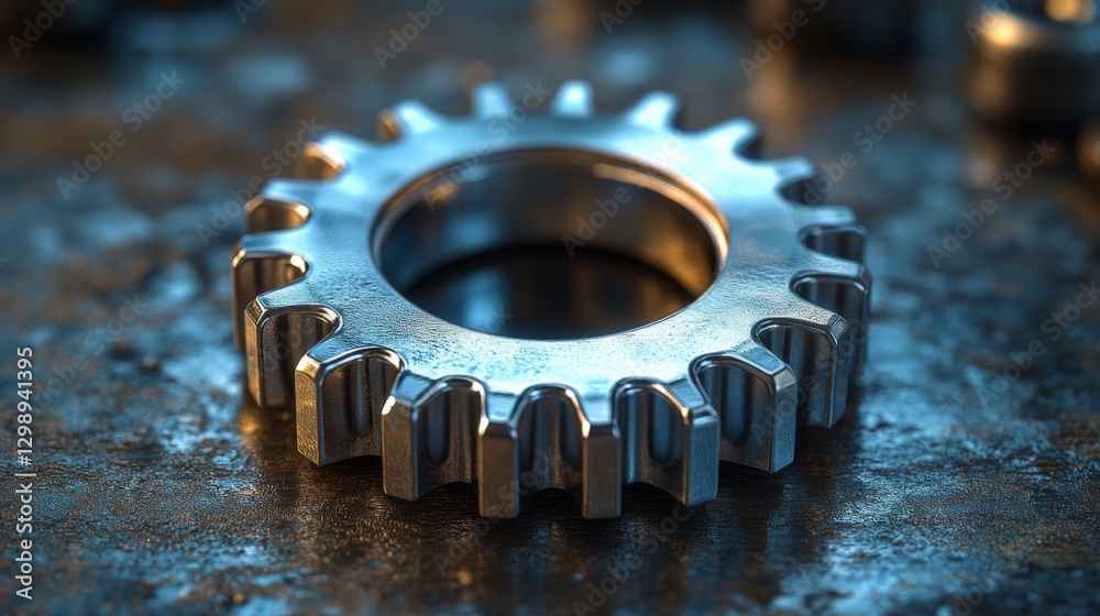 Poster focus on a metallic gear showcasing intricate tooth design, reflecting light in an industrial enviro