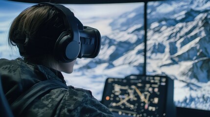 Female pilot VR training, mountain flight sim