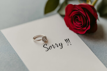 A heartfelt gesture: ring, rose, and "Sorry!!!" convey apology. Symbolic of regret and potential reconciliation, seeking forgiveness through beauty and sentiment.