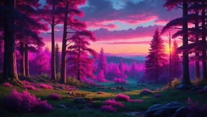 Obraz premium Pink Trees Dreamscape. Surreal Forest Landscape at Sunset with Purple Sky and Glowing Light