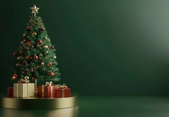 Christmas Tree With Red And Gold Gifts On Dark Green Background Image With Festive Decorations For Holiday Season Celebration Design For Greeting Cards And Posters Featuring Winter Holiday