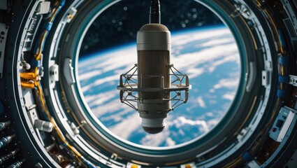 View from a spacecraft window showing a scientific instrument positioned in front of Earth, highlighting deep space exploration with blue and white