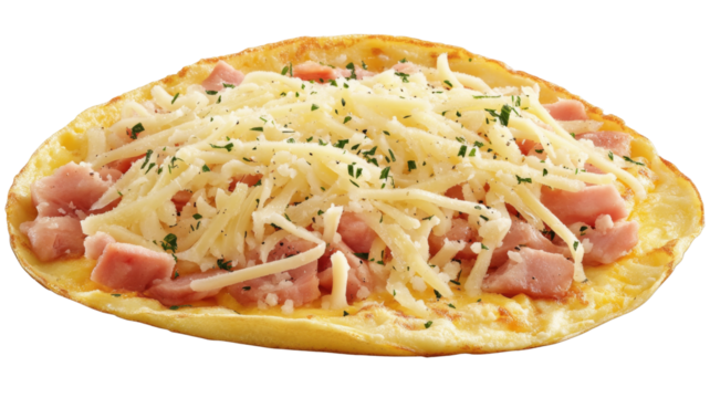 Omelette with ham and grated cheese on transparent background