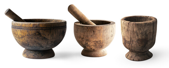 Rustic Wooden Mortar and Pestle Set on a Transparent Background