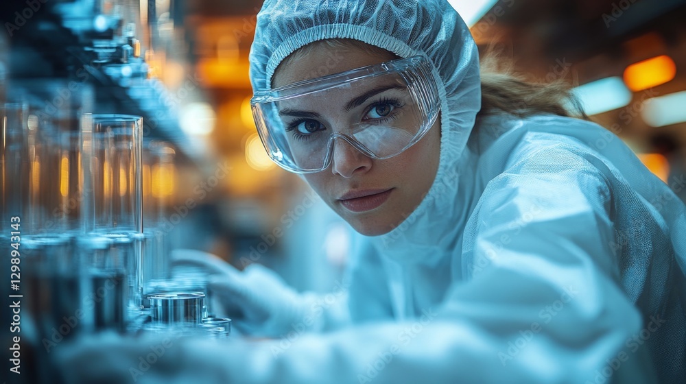 Poster a female technician in a protective suit and goggles inspects glass containers on a production line 