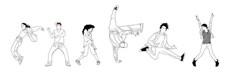 Set of teenager dancers hip hop, breakdance outline vector drawing isolated on white background. Young cool girl and boy dancing street dance black sketch. Korean japanese asian thin line style.