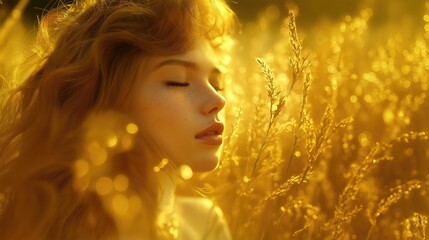 Fototapeta premium A woman with freckles enjoying the warm sunlight in a golden field, exuding tranquility and natural beauty.