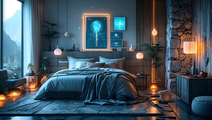 Modern Bedroom Interior with Warm Ambient Lighting and Scenic Mountain View