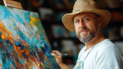 Adult artist with ADHD painting on canvas, showcasing vibrant colors and a focused expression in a studio setting.