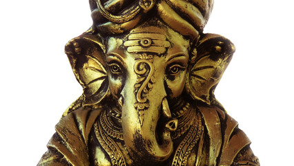 Closeup of golden sculpture of Lord Ganesha