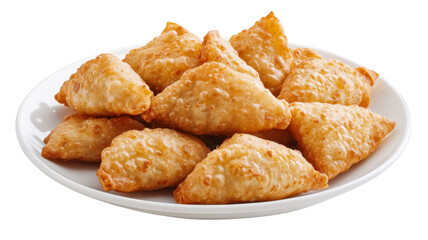Delicious samosas served on white plate with transparent background
