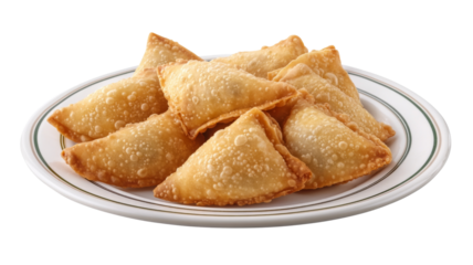 Crispy fried samosas served on a plate with transparent background