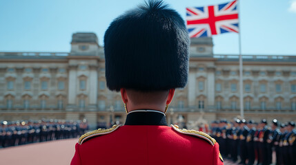 Guardsman in front of a grand building, wearing a traditional uniform and a tall bearskin hat, under a clear blue sky with the national flag waving.