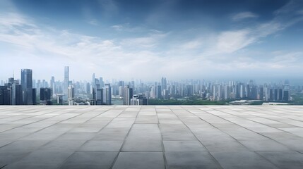 Empty Cement Floor with View of Majestic Modern City Skyline