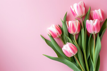 Beautiful bouquet of pink and white tulips arranged on a pastel pink background for a spring celebration or decoration with copy space