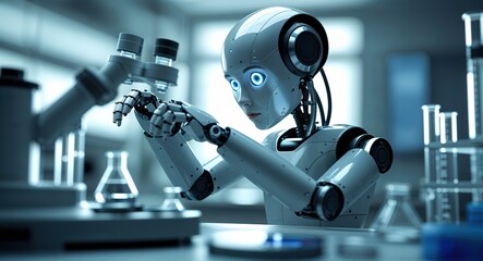 In a modern laboratory, a robot is engaged in precise scientific tasks, manipulating glassware with care. The environment is well-equipped, showcasing the efficiency of automation in research