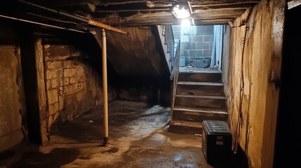 Fototapeta premium Damp basement interior, steps to upper level, dim light, potential renovation