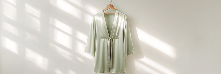 Elegant light green satin robe hanging on a wooden hanger against a white wall with sunlight filtering in, creating a serene and inviting atmosphere.