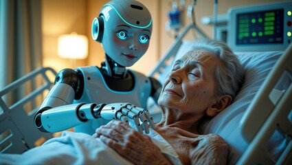 A humanoid robot gently assists an elderly woman in a medical facility. The robot is designed to provide care and companionship, highlighting technological advancements in healthcare