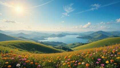 Serene sunrise over vibrant flower fields and tranquil lake nature landscape scenic view outdoor beauty
