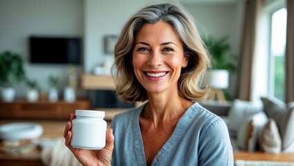 Smiling woman holding white jar in living room