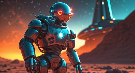 Robots are engaged in various activities, taking over jobs previously handled by humans in a high-tech environment on an alien landscape while a spacecraft looms in the background