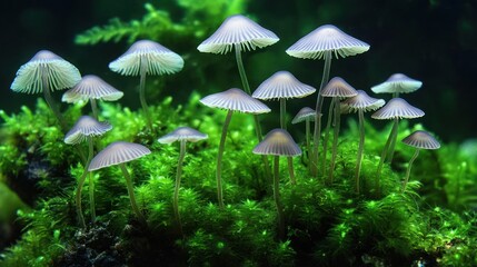 Fototapeta premium Tiny mushrooms on moss in a dark environment