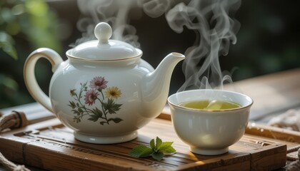 Fototapeta premium Brewing traditional tea serene garden still life natural setting close-up tranquility and relaxation