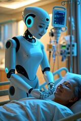 A humanoid robot gently interacts with a patient in a hospital room at night, highlighting the growing trend of automation in healthcare industries and its impact on human roles