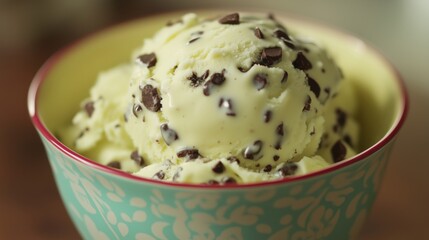 A close-up of mint chocolate chip ice cream in a decorative bowl.