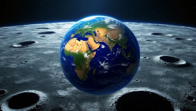 Stunning earth view from moon's surface in space