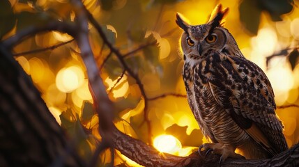 Owl perched on a tree branch at dusk